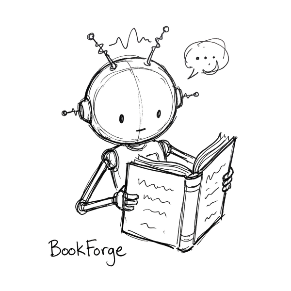 BookForge mascot — a robot reading a book